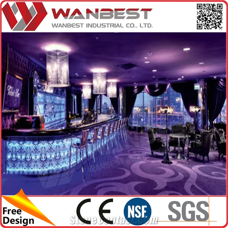 Nightclub Decoration Modern Curved Artifial Stone Led Lighting Bar Counter with Special Flower Pattern