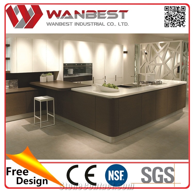 Staron White and Brown Kitchen Counter with Cabinet and Solid Surface Wash Sinks
