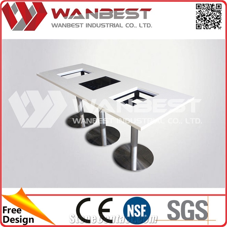 White 6 People Stone Hot Pot Table with Stainless Steel Leg