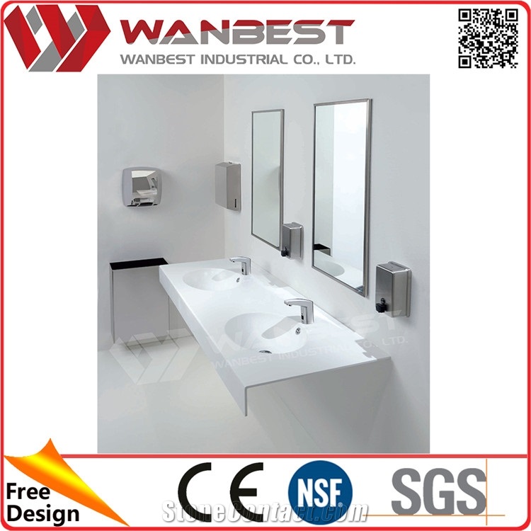 White Double Rectangular Basin Acrylic Surface Countertop Sinks Artificial Stone Bathroom Sink