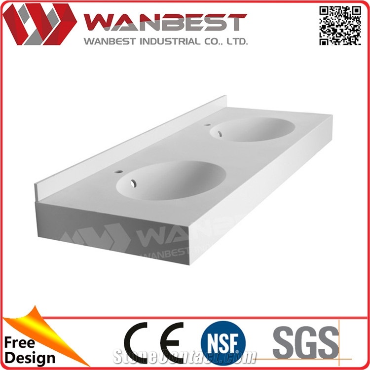 White Double Rectangular Basin Acrylic Surface Countertop Sinks Artificial Stone Bathroom Sink