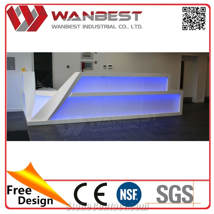 White Reception Desk with Led Lighting Solid Surface Office Reception Desk Artificial Marble Front Reception Desk