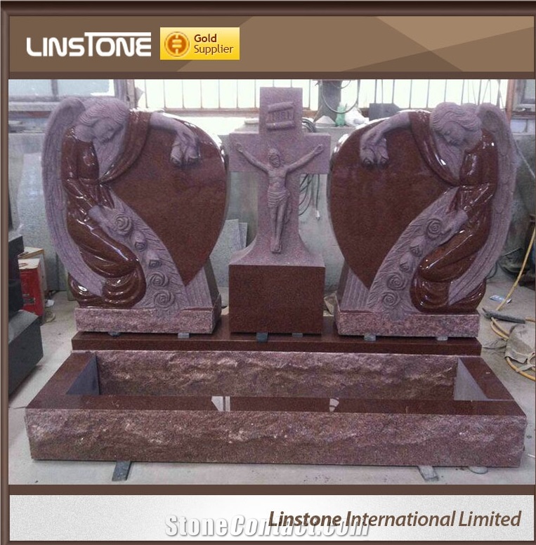 High Quality India Red Granite Double Headstone, Angel Monuments