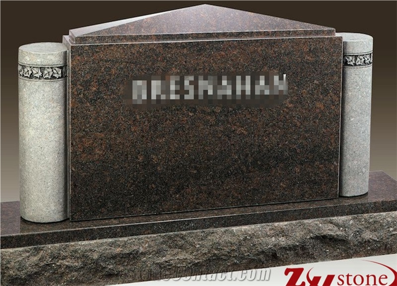 Good Quality Bevel Top with Side Columns Tan Brown Granite Tombstone Design/ Monument Design/ Wetern Style Tombstones/ Western Style Monuments