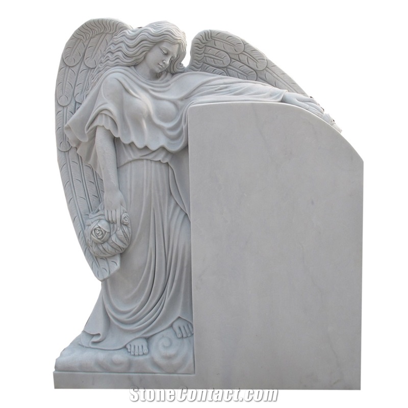 White Marble Angel Sculpture Monument & Tombstone, Engraved Headstones