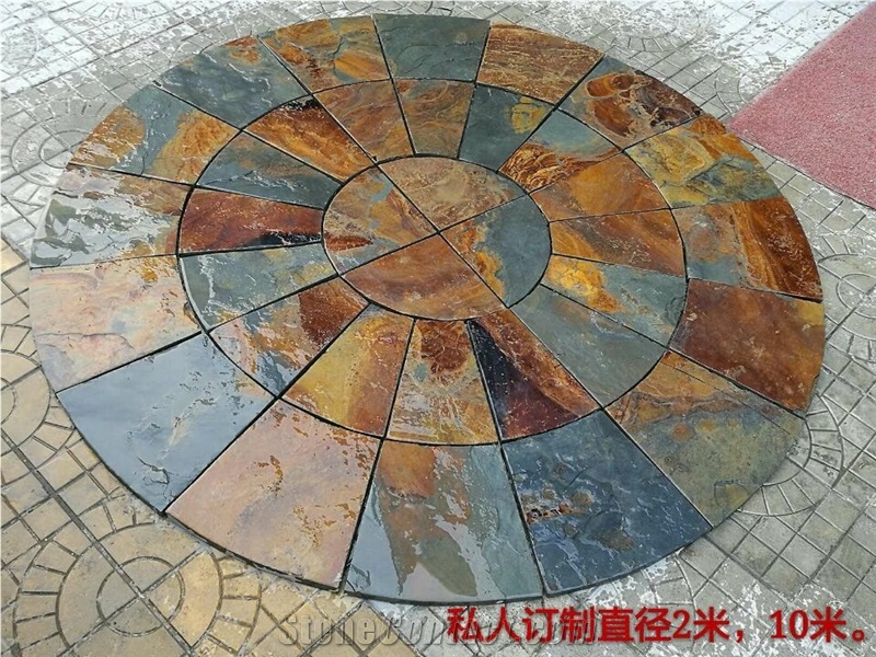 Rustic Copper Color Slate Medallion Pattern ,China Colorful Slate Square and Circle Floor Medallion