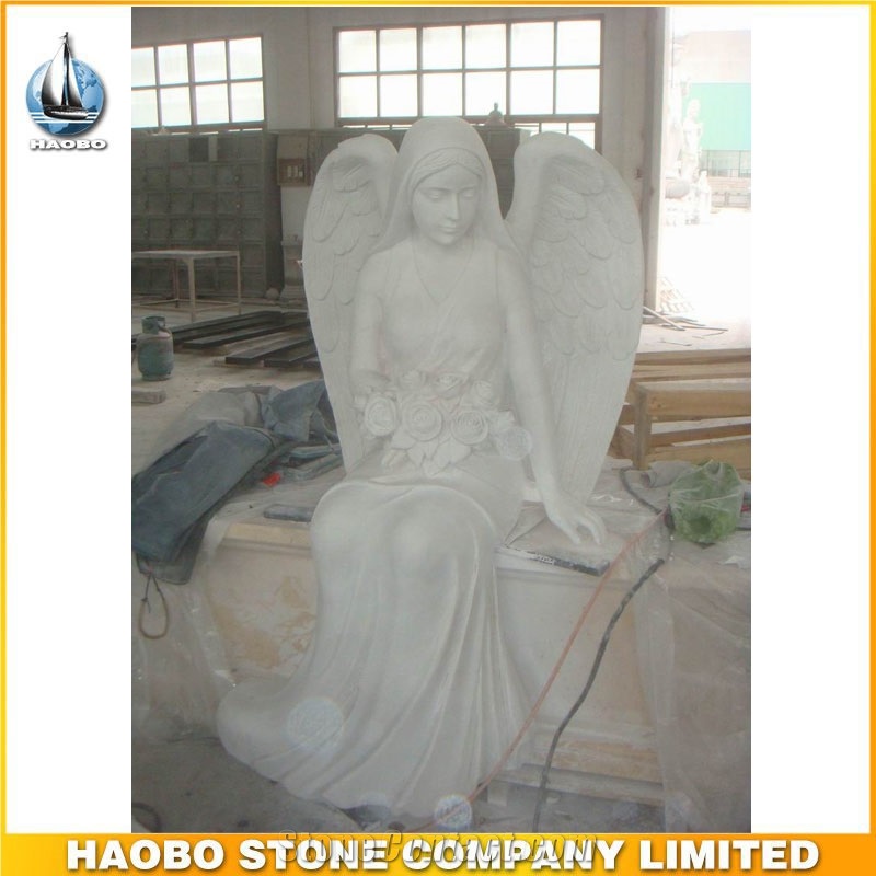 High Grade White Marble Sitting Angel Tombstone Bench Monument