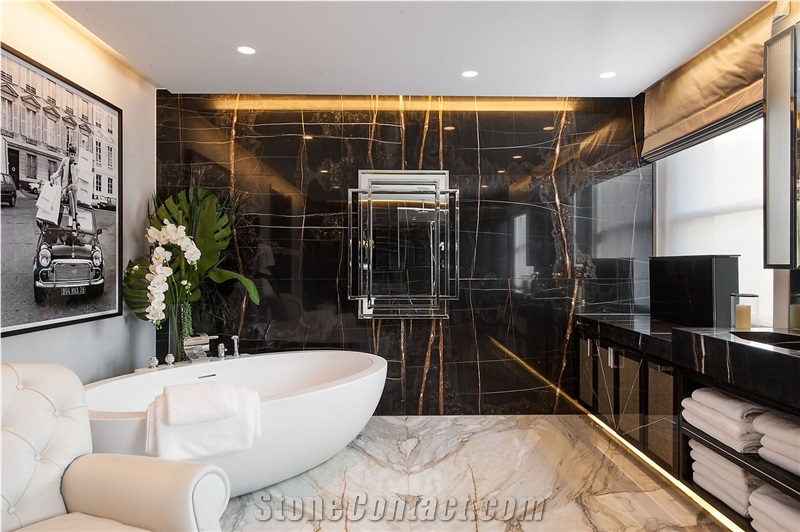 Sahara Noir Marble, Black and Gold Veins, Tunisian Marble, Slabs or Tiles, Suits for Bathroom, Bar, or Kitchen, Wall or Slabs or Tiles, Nice Price.