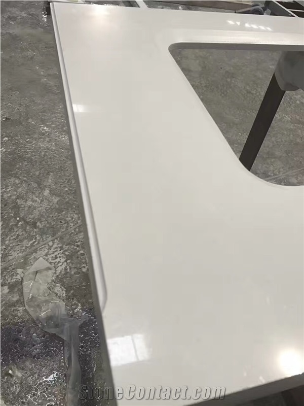 Quartz Stone Solid Surface White Color Pre-Fabricated Tops Customized Countertop Shapes with Laminated Edge Non-Porous, Anti-Acid and Alkali, Fire Resistant, Stain Resistant,Low Water Absorption