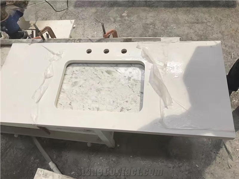 Quartz Stone Solid Surface White Color Pre-Fabricated Tops Customized Countertop Shapes with Laminated Edge Non-Porous, Anti-Acid and Alkali, Fire Resistant, Stain Resistant,Low Water Absorption