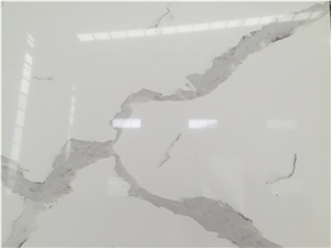Safe and Stylish Calacatta White Quartz Stone Solid Surfaces Panel for Kitchen Counter Top Table Top Design More Durable Than Granite Thickness 2cm or 3cm with High Gloss and Hardness