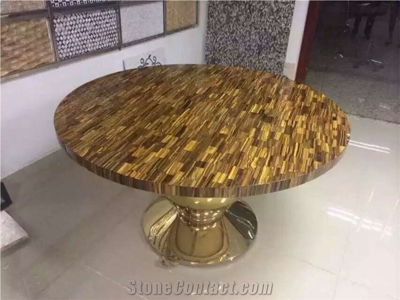 Round Tiger Eye Semiprecous Stone Dining Table,Natural Stone Table Top