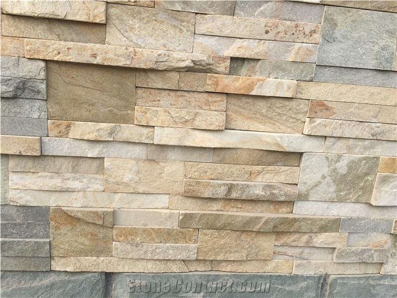 Wooden Vein Yellow Quartzite Stacked Stone, Splitface Ledger Panels