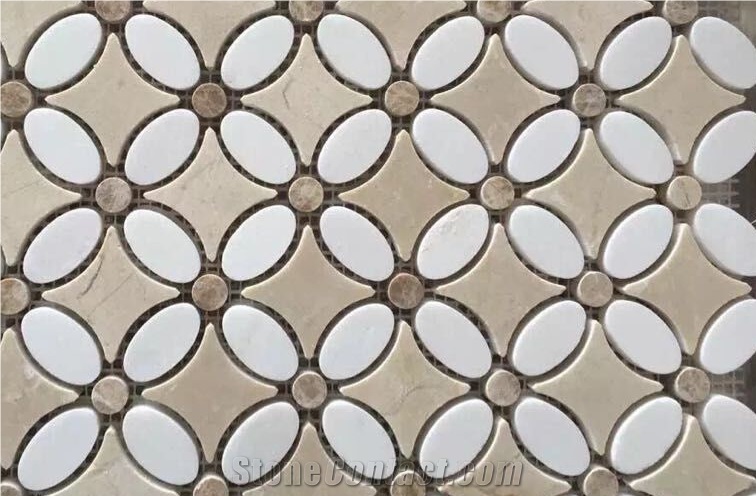 Best Selling Of China Natural Polished Pure White ,Dark Emperador and Crema Marfil Mosaic Tiles for Bathroom Walling and Interior Decor