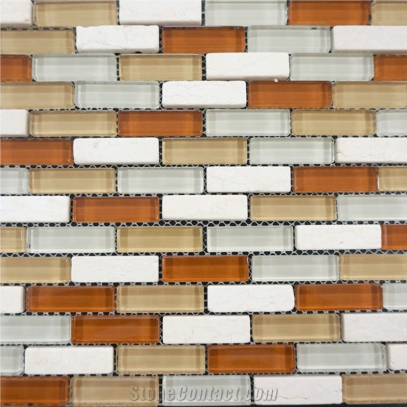 China Glass Mosaic Tile, Different Color Mixed Together Mosaic Stone Tile for Wall & Flooring, Linear Strops Shape Mosaic
