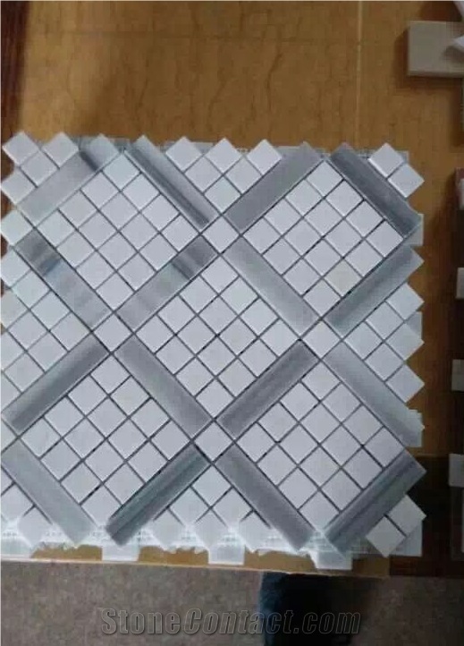 China Natural Pure White and Grey Marble Polished Mosaic Tiles for Bathroom Wall Tile and Interior Decor
