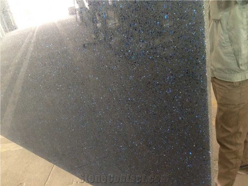 China Polished 2cm & 3cm Blue in Night Quartz Big Slabs , Blue Black Artificial Stone Floor Tiles ,Engineered Quartz Stone
