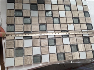China Wooden White Marble Mixed With Glass, Linear Strips Mosaic Tile, Glass Stone Mosaic For Flooring & Wall