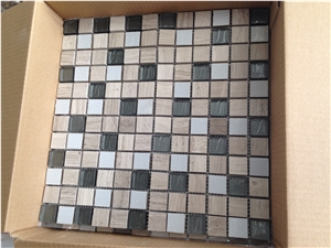 China Wooden White Marble Mixed With Glass, Linear Strips Mosaic Tile, Glass Stone Mosaic For Flooring & Wall