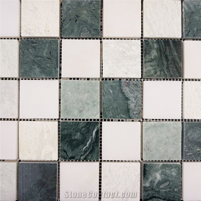 Green Marble Mixed with Beige Marble Mosaic Tile, Square Shape Mosaic Stone, China Mosaic Factory,