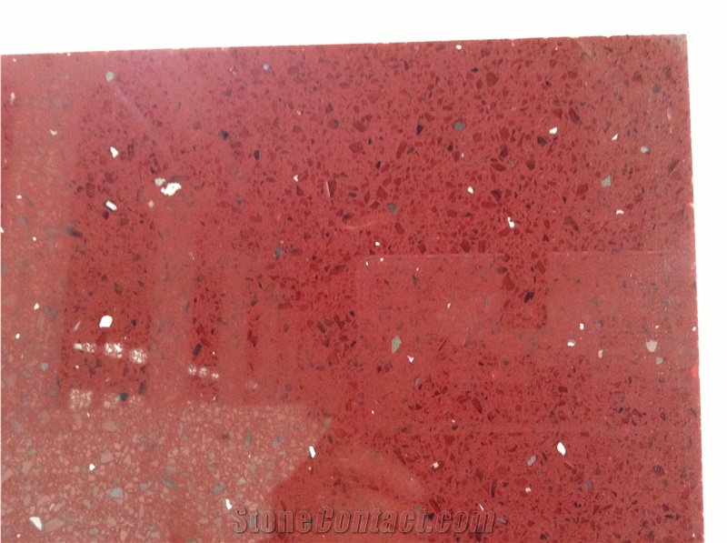 High Quality China Polished Quartz Stone Pearl Red, Crystal Red 2cm & 3cm Big Slabs with Very Competitive Prices for Usa & Canada Market