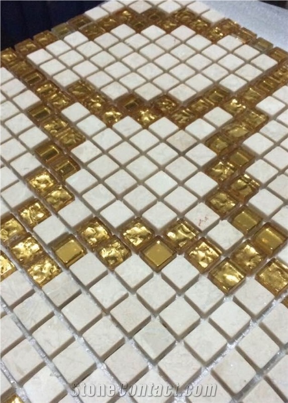 Natural Sunny Beige Marble and Golden Glass and Stone Mosaic Tile for Bathroom Walling and Interior Decor