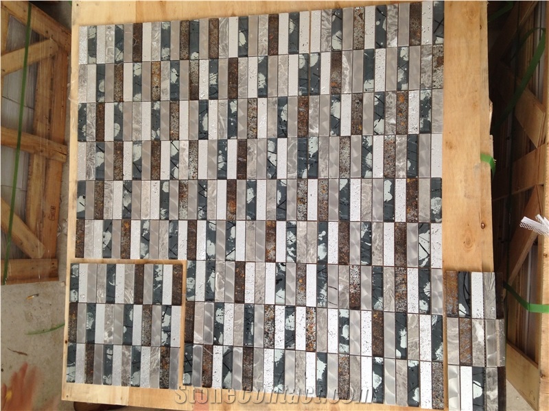 Polished Marble Mixed With Travertine Mosaic Tile, Linear Strips Mosaic Tile For Wall & Flooring, Multicolor Mosaic Tile Stone 