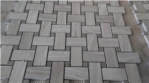 Popular China Polished Marble Stone Light Wood Grey Basketweave Mosaic Tiles for Hotel Wall Decor or Bathroom Walling