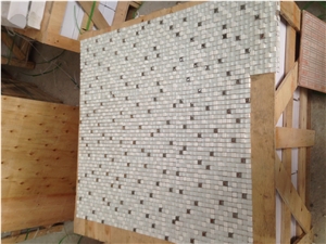 White Stone Mixed with Glass Linear Strips Mosaic Tile, Polished Square Mosaic Stone from China, Cheap Price, Good Quality Wall & Flooring Mosaic