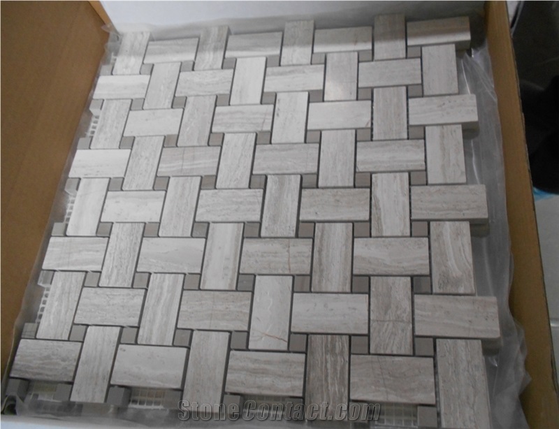 White Stone Building Material Mosaic Flooring Tile, Timber White Marble Basketweave Mosaic
