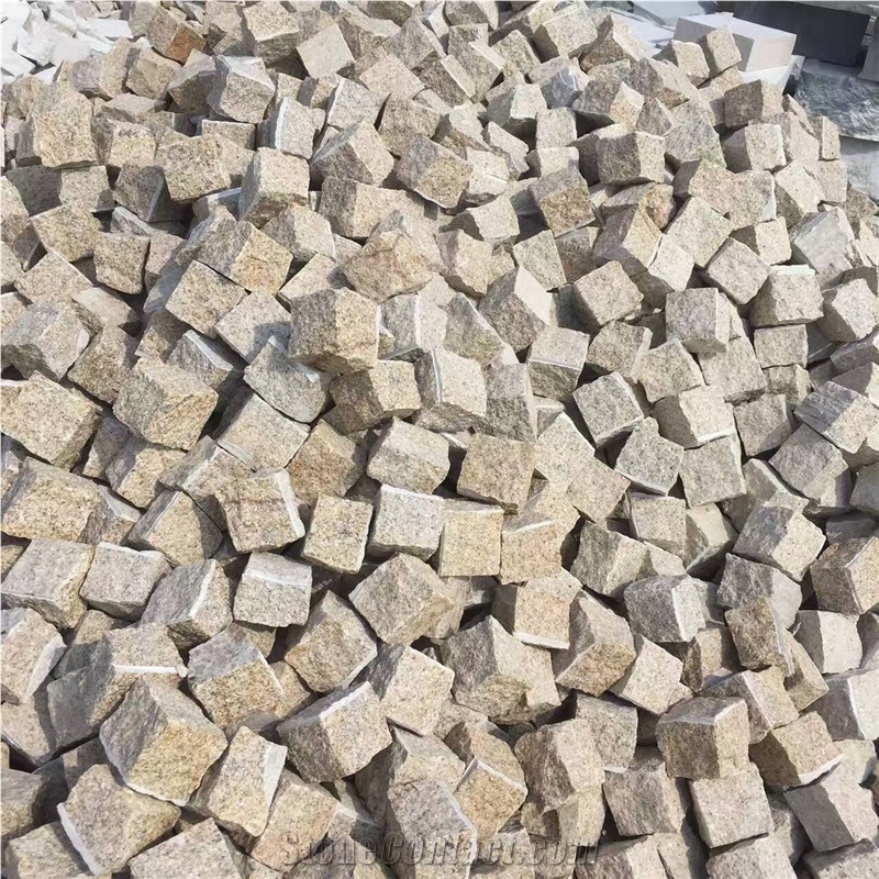 North G682 Yellow Golden Sesame Granite G350 All Sides Split Cube Cobble Stones for Drivieway Paving Cheap Prices