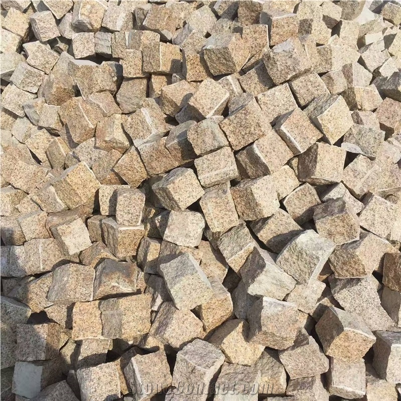 North G682 Yellow Golden Sesame Granite G350 All Sides Split Cube Cobble Stones for Drivieway Paving Cheap Prices