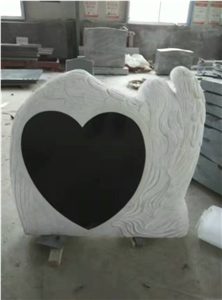 Western Style White Marble Carving Angel with Heart Black Granite Tombstones Headstone