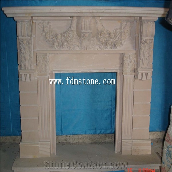 Beige Caved Stone Fireplace