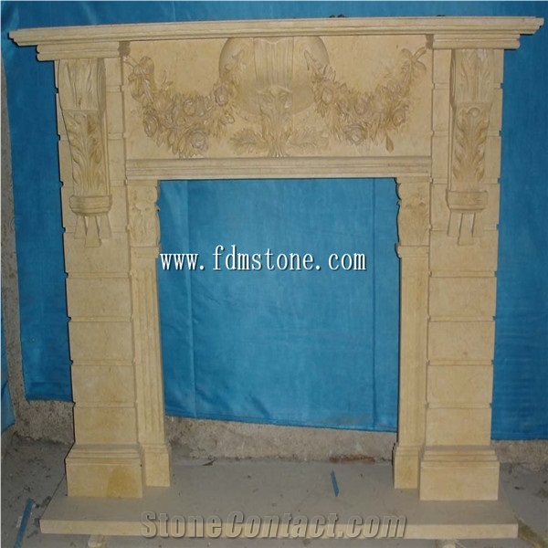 Beige Caved Stone Fireplace