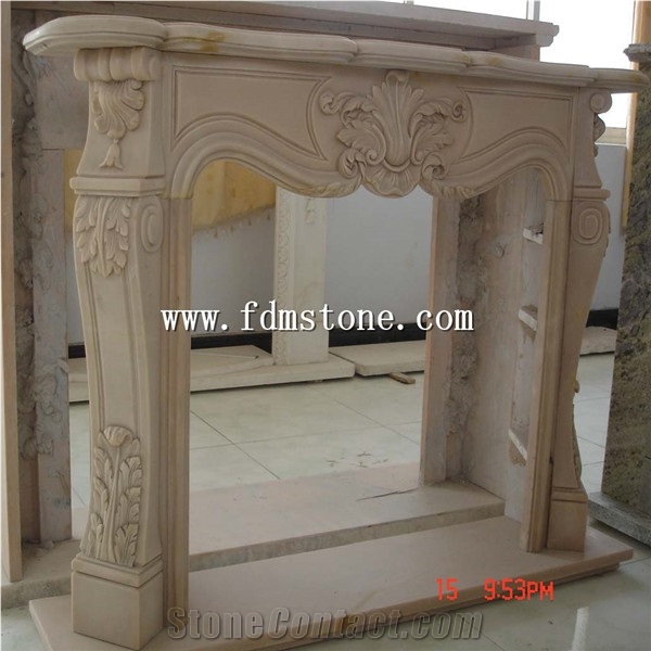 European Style Beige Yellow Limestone Honed Stone Carved Fireplaces Surround Design, Ireland Fireplace Accessories, Indoor Wall Mounted Fireplaces Mantels