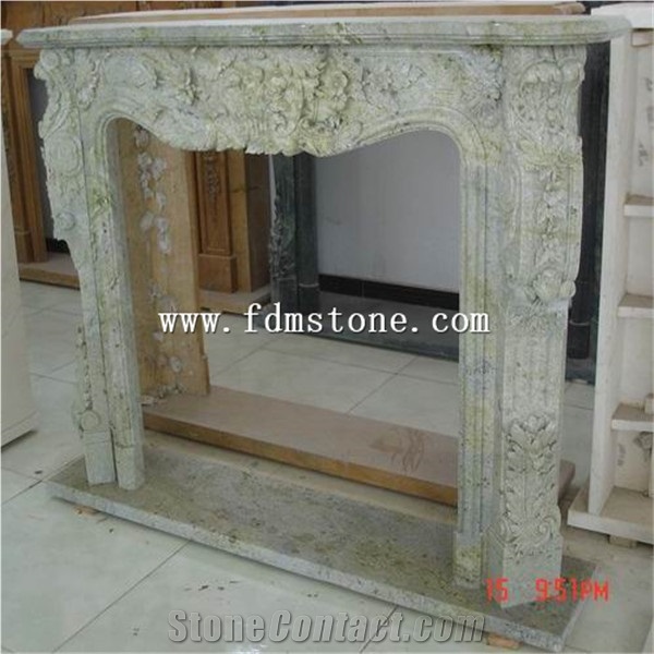 European Style Light Green Marble Stone Carved Fireplaces Surround Design, Ireland Fireplace Accessories,Indoor Wall Mounted Fireplaces Mantels