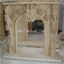European Style Yellow Wooden Sandstone Carved Flower Fireplaces Surround Design, Ireland Fireplace Accessories, Indoor Wall Mounted Fireplaces Mantels