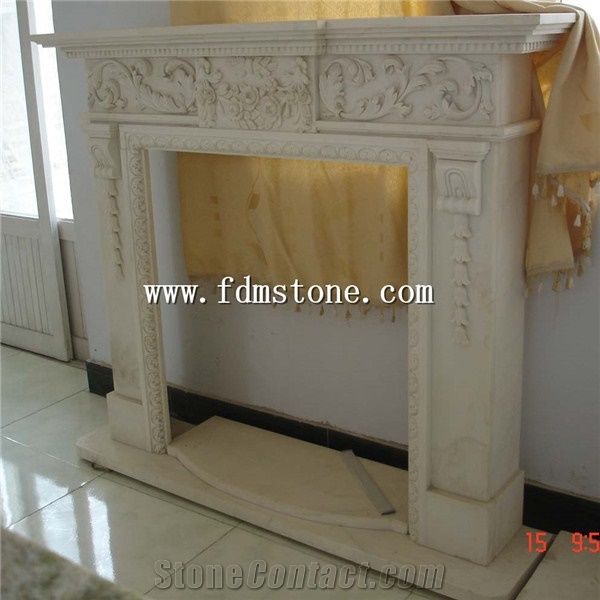 European Style Yellow Wooden Sandstone Carved Flower Fireplaces