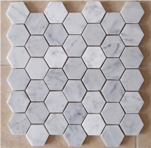 Hexagon Mosaic 2",Italy Style Cararra White Marble Mosaic for Wall,Floor,Bathroom,Background,Interior,Hotel Decoration