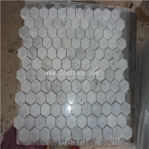 Hexagon Mosaic 2",Italy Style Cararra White Marble Mosaic for Wall,Floor,Bathroom,Background,Interior,Hotel Decoration