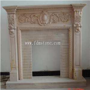 Indoor Used Yellow Marble Stone Column Fireplace / Fireplace Mantles