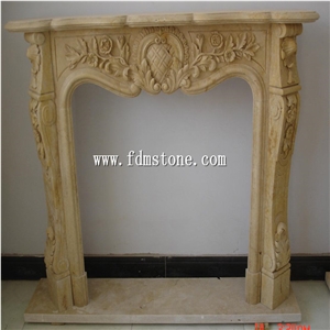 Indoor Used Yellow Marble Stone Column Fireplace / Fireplace Mantles