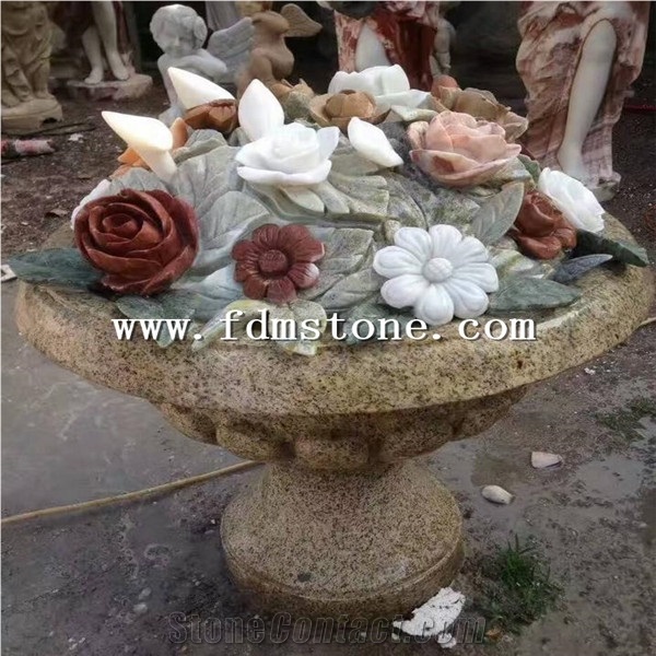 Round Natural Stone Planters,Garden Stone Planter Pots Ornamental Flower Pot
