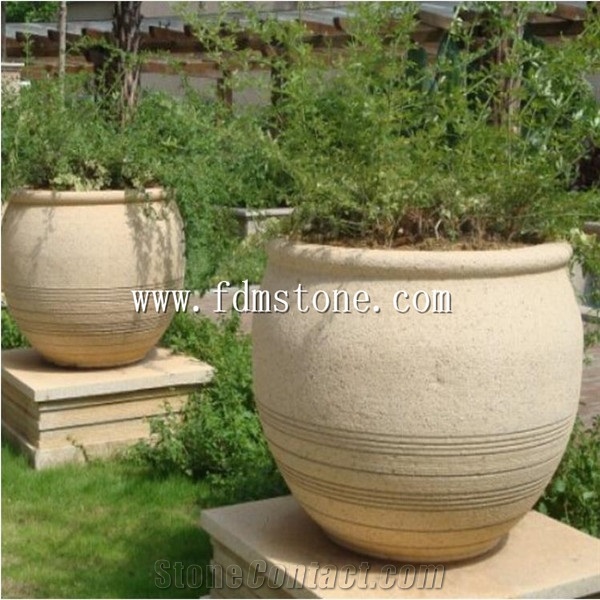 Round Natural Stone Planters,Garden Stone Planter Pots Ornamental Flower Pot