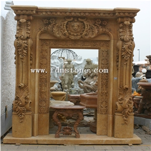 Yellow Travertine Fireplace Mantel,Antiqued Marble Fireplace,Decorative Fireplace