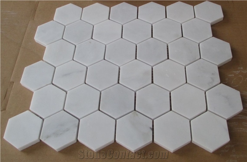 2" Hexagon Carrara Extra Polished Mosaic, Italian Bianco Carrara White Marble Mosaic