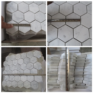 2" Hexagon Carrara Extra Polished Mosaic, Italian Bianco Carrara White Marble Mosaic