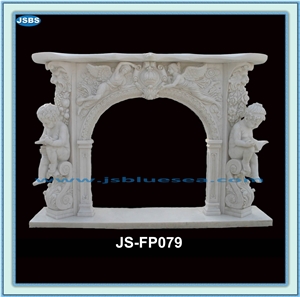 Custom Made White Cherub Fireplace, White Marble Sculptured Fireplace