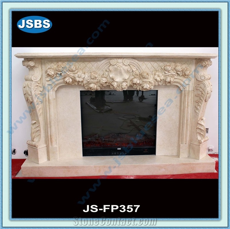 Hand Carved Absolute Beige Marble Flower Fireplace Frame